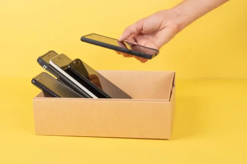 Ręka wkłada do kartonu kilka telefonów. Zastanawiam się, jaki mam model telefonu, bo wszystkie wyglądają podobnie.