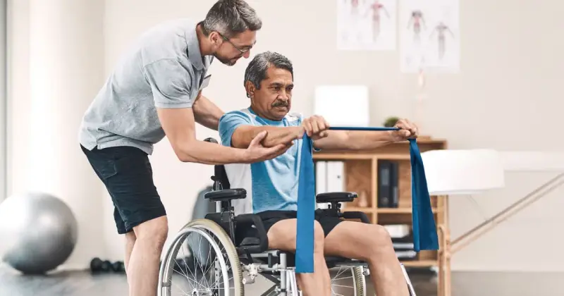 Ein Mann im Rollstuhl trainiert mit einem Therapeuten, der ihm hilft, die Widerstandsbandübungen auszuführen. Die Physiotherapeuten unterstützen ihn bei seiner Genesung.