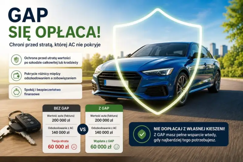 Ubezpieczenie GAP chroni przed utratą wartości auta po szkodzie całkowitej lub kradzieży, zapewniając spokój finansowy.