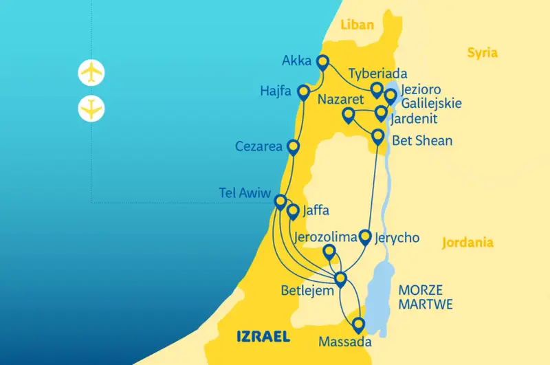 Mapa Izraela z zaznaczonym Nazaretem, Tyberiadą i Jerozolimą. Pokazuje, gdzie leży Nazaret, blisko Jeziora Galilejskiego.