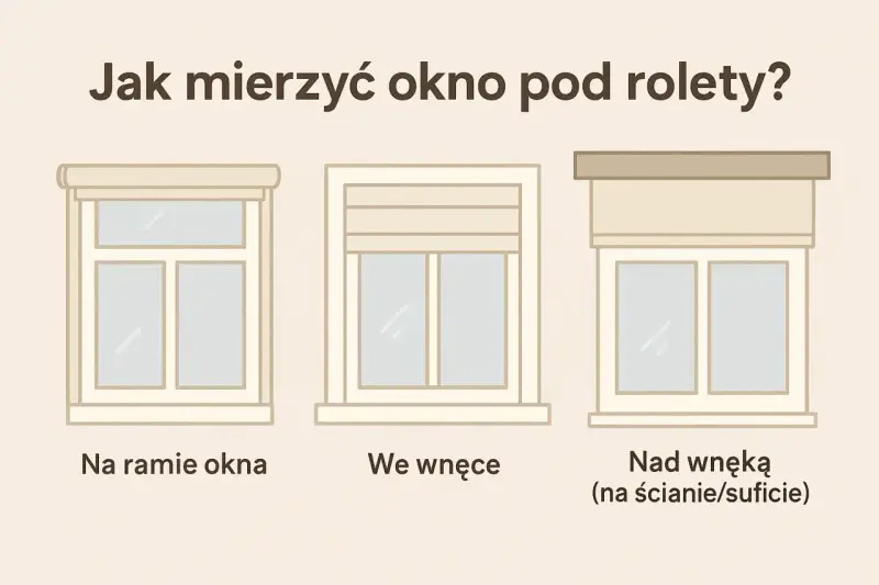 Jak zmierzyć okno na roletę? Trzy sposoby montażu: na ramie, we wnęce i nad wnęką.