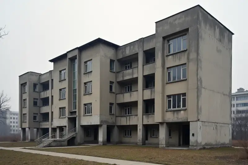 Szary blok mieszkalny z balkonami i dużymi oknami, typowy przykład architektury PRL.