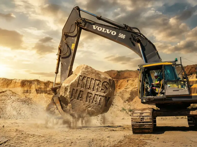 Koparka Volvo podnosi kamień z napisem "KURS NA RATY". Operator w kabinie, piasek i zachodzące słońce.