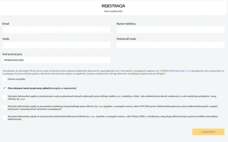 Formularz rejestracyjny z polem na e-mail, hasło, numer telefonu, potwierdzenie hasła i kod promocyjny ewinner kod promocyjny PROBUKMACHER. Zgody marketingowe i RODO.
