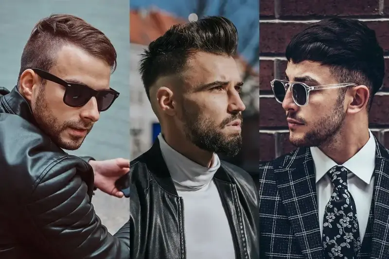 Trzech mężczyzn w stylowych fryzurach. Jeden z nich ma modną french crop, drugi zaczesane włosy do góry, a trzeci krótkie włosy z grzywką.