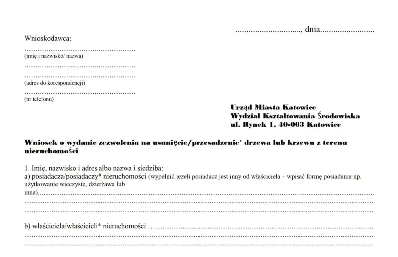 Wniosek o zezwolenie na wycinkę drzew owocowych. Dokument zawiera dane wnioskodawcy i informacje o nieruchomości.