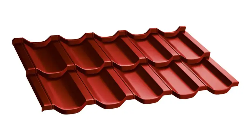 Dachówka modułowa w kolorze ral czerwony, imitująca tradycyjną dachówkę ceramiczną, nadaje budynkowi ciepły i przytulny wygląd.