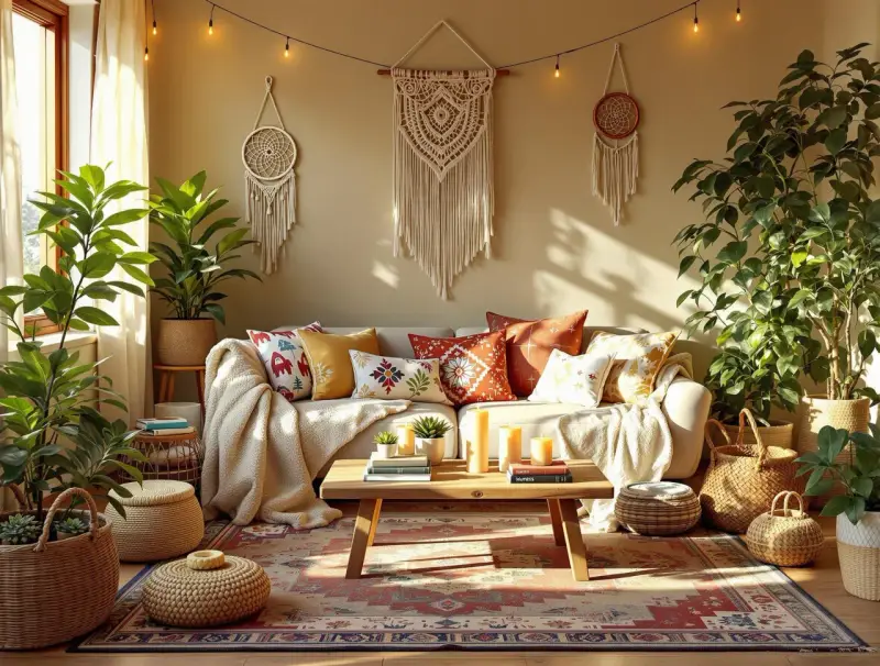 Boho salon z makramami, roślinami i mnóstwem poduszek. Jak uniknąć objawów przesytu dekoracjami, zachowując estetykę boho.