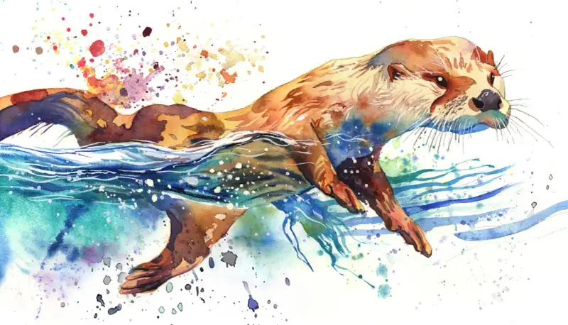 Un dessin à l'aquarelle d'une loutre nageant joyeusement dans des eaux bleues et vertes, avec des éclaboussures de couleurs vives.