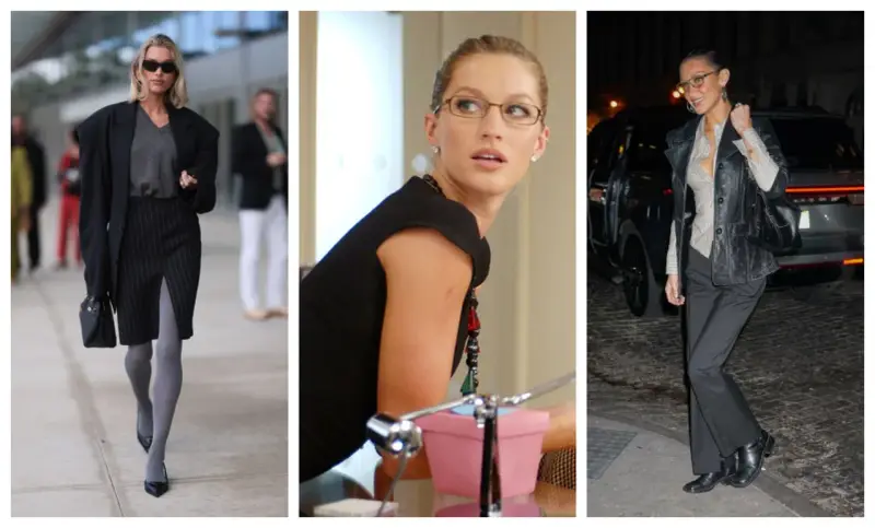 Trzy kobiety w eleganckich stylizacjach, w tym jedna z nich jako office siren, prezentują modę uliczną i biurową.