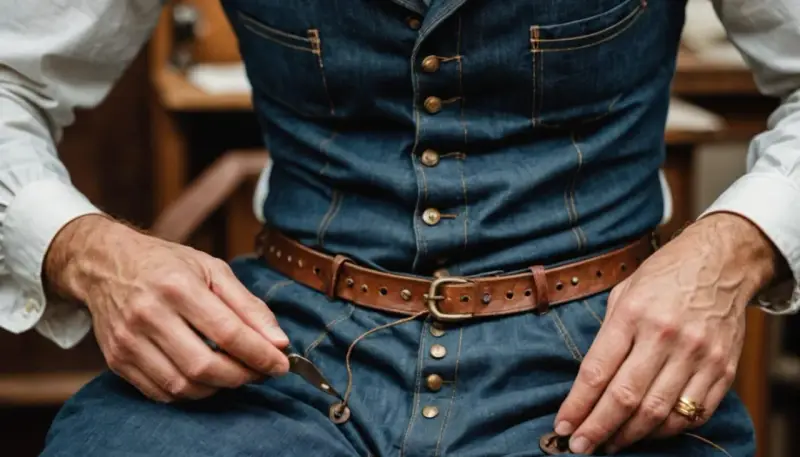 Mężczyzna w białej koszuli i kamizelce z denimu, z brązowym paskiem, szyje przy użyciu igły i nici. Materiał kamizelki to wytrzymały twill.