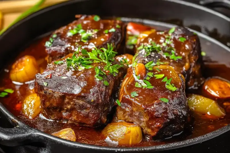 Quatre morceaux de joue de bœuf braisée, nappés d'une sauce riche et garnie de persil frais, mijotent dans une poêle en fonte avec des oignons caramélisés.