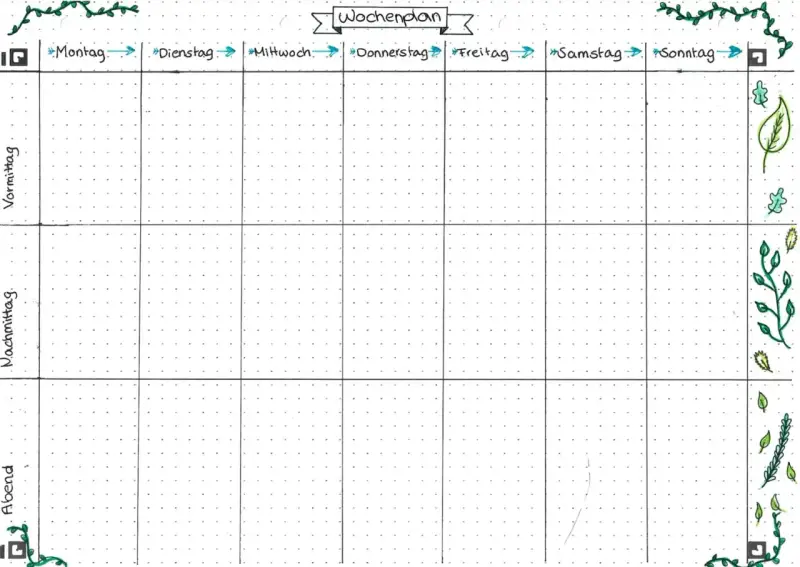 Ein Wochenplan-Layout mit Feldern für jeden Tag und Tageszeiten (Vormittag, Nachmittag, Abend). Ideal, um zu planen, wie erstelle ich einen lernplan.