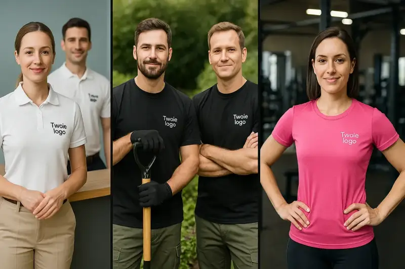 Uśmiechnięci pracownicy w koszulkach z logo firmy. Białe polo, czarne t-shirty z łopatą i różowa koszulka sportowa.