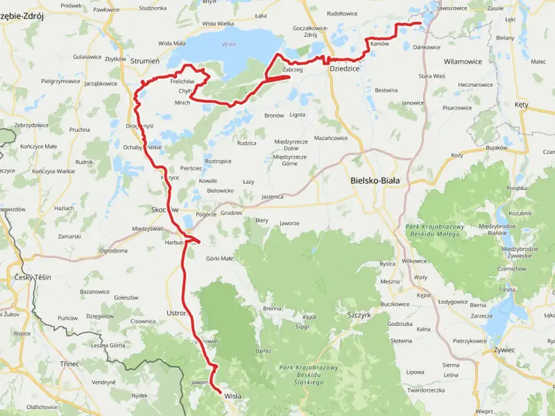 Trasa rowerowa wzdłuż Wisły na Śląsku, prowadząca przez malownicze tereny od Wisły do Bielska-Białej.