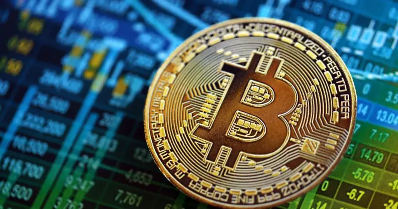 Złoty Bitcoin na tle wykresu giełdowego. To symbol tego, czym są kryptowaluty i jak działają.