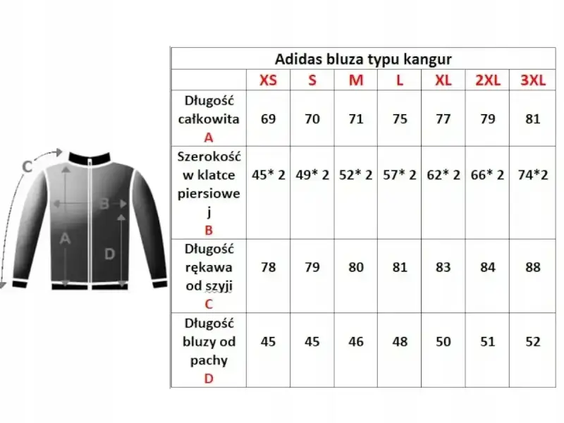 Tabela rozmiarów bluz Adidas. Sprawdź wymiary, np. długość całkowitą dla rozmiaru L.