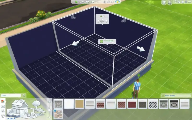Budowanie w The Sims 4: jak zrobić pół płytki. Widok na pusty pokój z siatką podłogową i narzędziami do budowy.