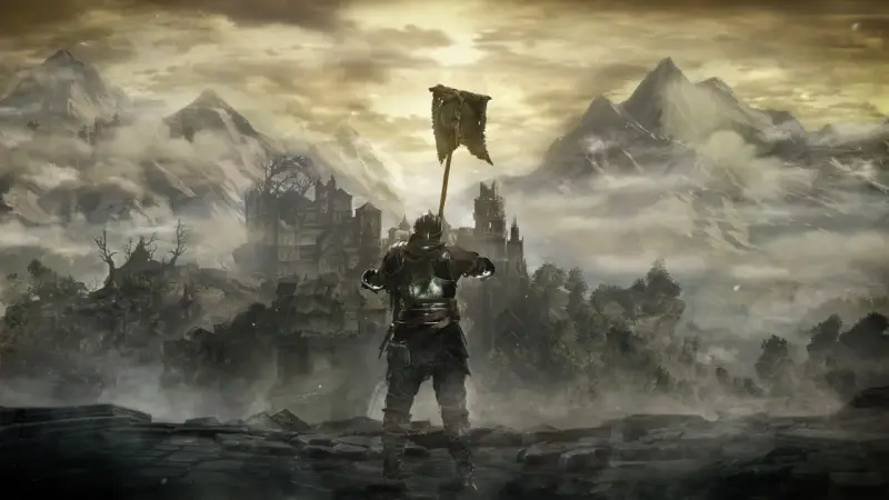Rycerz w zbroi z chorągwią wzniesioną ku niebu, na tle mglistych gór i zrujnowanego zamku. Klimat rodem z **Dark Souls**.