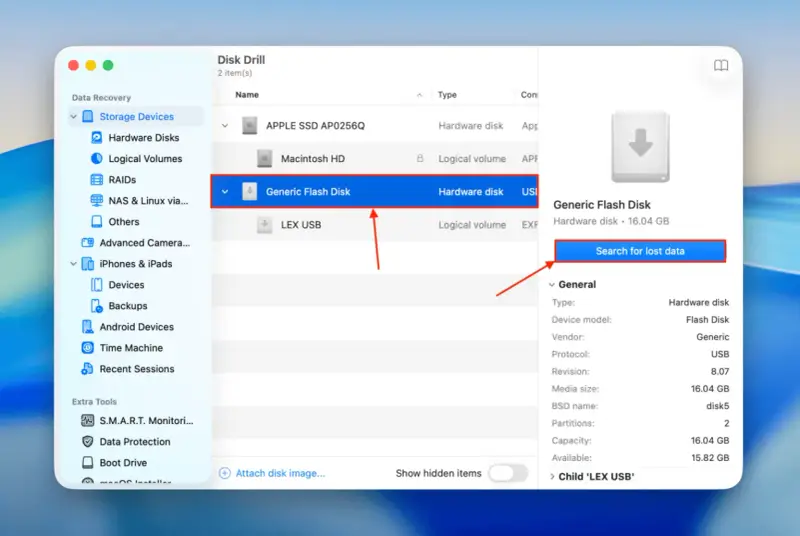 Program Disk Drill pokazuje listę urządzeń, w tym "Generic Flash Disk". Kliknij "Search for lost data", aby odzyskać dane.