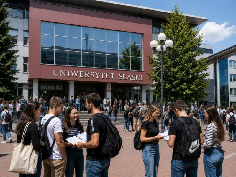 Studenci Uniwersytetu Śląskiego w Gliwicach rozmawiają przed budynkiem.
