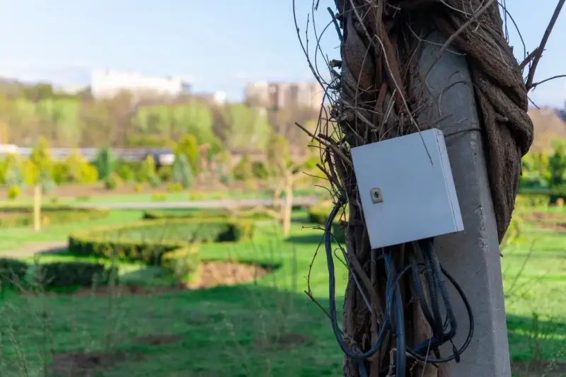 Podłączenie prądu do działki bez domu: szara skrzynka elektryczna na słupie oplecionym pnączami, z widokiem na park.