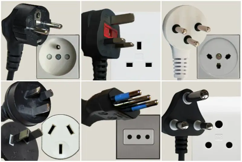 Różne rodzaje wtyczek i gniazdek elektrycznych, w tym te używane we Włoszech.