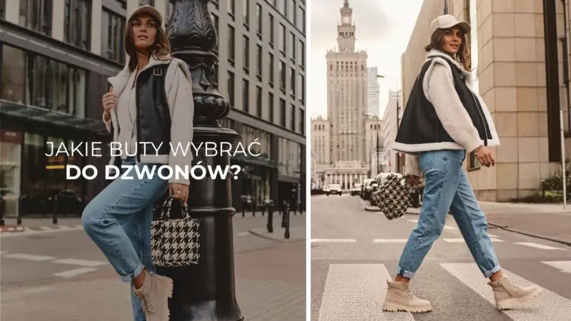 Kobieta w jeansach dzwonach i beżowych traperach, idealne buty do dzwonów. Stylizacja miejska.