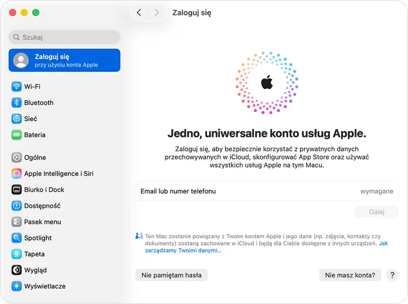Ekran logowania do iCloud. Wpisz email lub numer telefonu, aby utworzyć nowe konto Apple i korzystać z usług chmury.