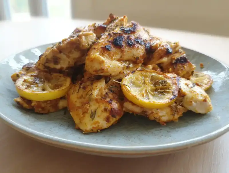 Grillad, saftig marinad kyckling med citronskivor på en ljusblå tallrik. Perfekt för en sommarfest!