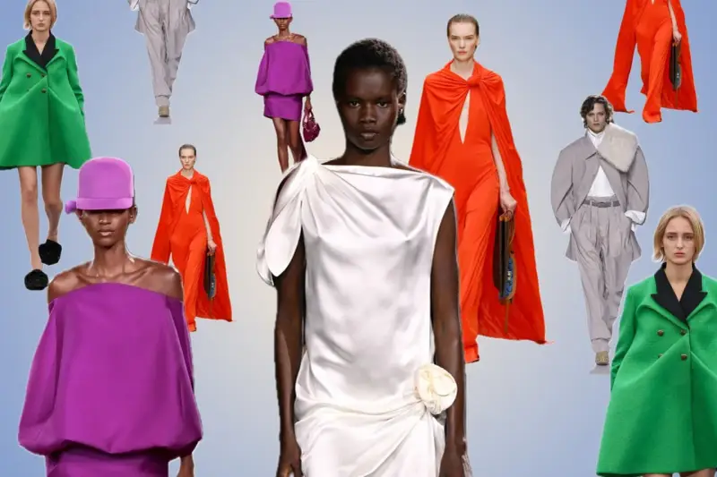 Inspiration für Farb- und Stilberatung: Modelle in leuchtenden Farben wie Grün, Orange und Lila sowie in eleganten Grautönen.