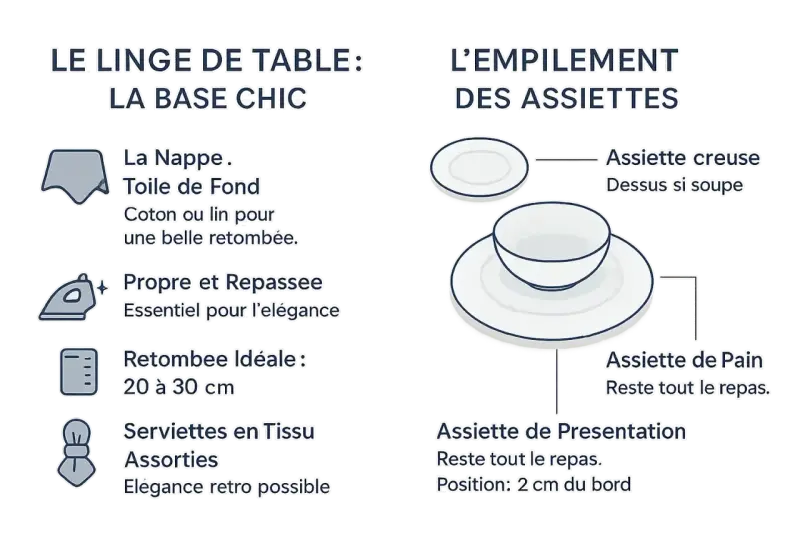 L'art de la table en France : conseils pour la nappe, les serviettes et l'empilement des assiettes pour une présentation élégante.
