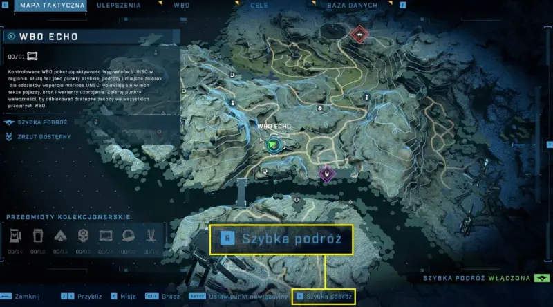 Mapa taktyczna z gry halo, pokazuje punkty WBO i opcję szybkiej podróży.