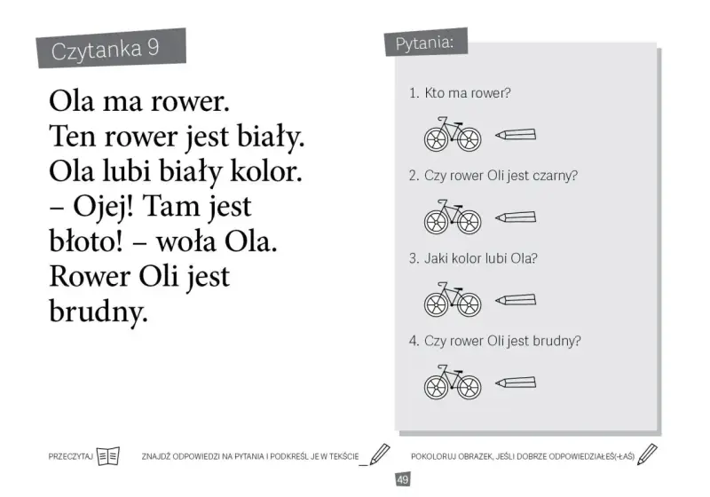 Ćwiczenie do nauki czytania ze zrozumieniem: tekst o Oli i jej rowerze, pytania sprawdzające zrozumienie, obrazki rowerów.