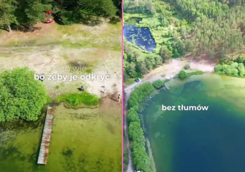 Dwa ujęcia Mazur: z lewej piaszczysta plaża i pomost, z prawej zielone jezioro, najczystsze jezioro na Mazurach, bez tłumów.
