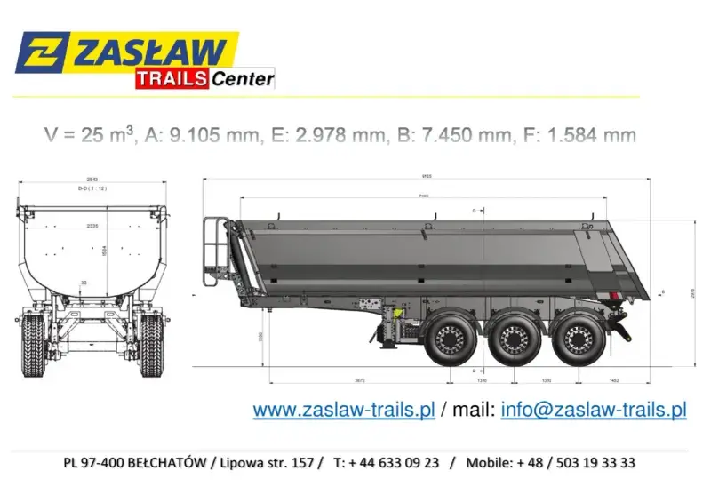 Rysunek techniczny naczepy ZASŁAW z wymiarami: V=25m³, A=9105mm, E=2978mm, B=7450mm, F=1584mm.