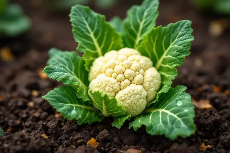 Un chou-fleur blanc et frais, prêt à être récolté, pousse dans la terre. La saison du chou-fleur est là !