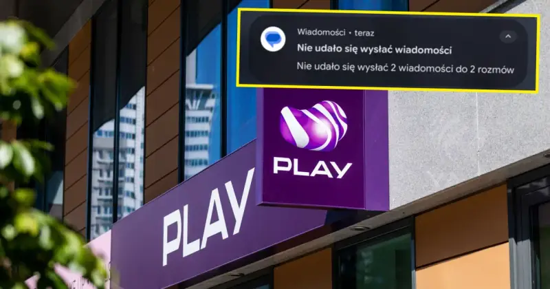 Awaria internetu Play. Komunikat o błędzie wysyłania wiadomości na tle logo operatora.