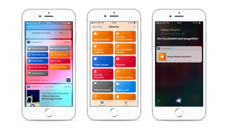 Drei iPhones zeigen die App "Kurzbefehle" mit verschiedenen Routinen wie "Morgen Routine" und "Roadtrip".