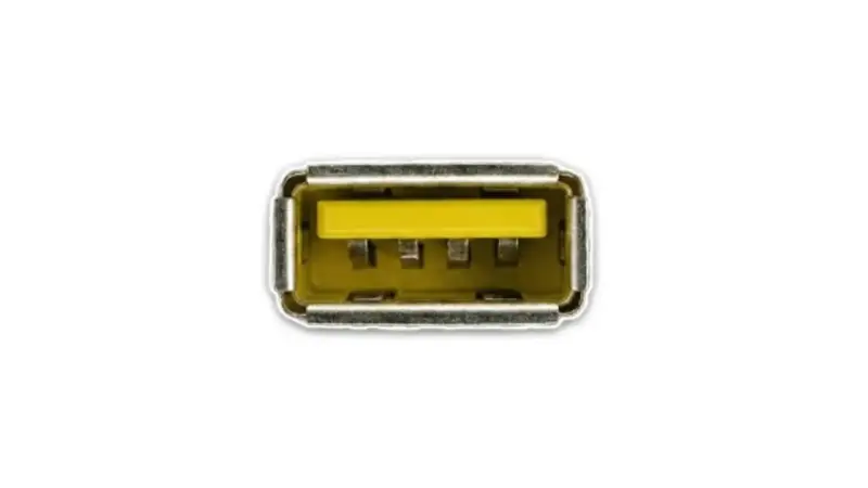 Un port USB jaune vif, prêt à connecter vos appareils.