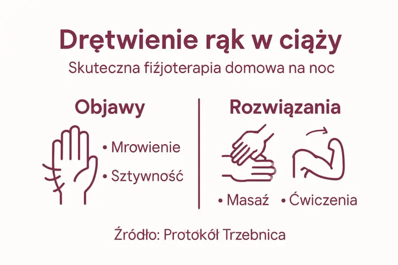 Drętwienie rąk w ciąży: objawy (mrowienie, sztywność) i rozwiązania (masaż, ćwiczenia). Domowa fizjoterapia na noc.