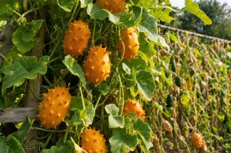 Des concombres kiwano, fruits épineux orange vif, poussent sur une treille. La culture du concombre est ici mise en avant.