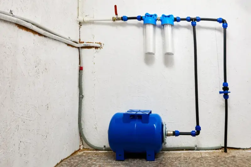 System hydrofornia z niebieskim zbiornikiem, dwoma filtrami wody i instalacją rurową.