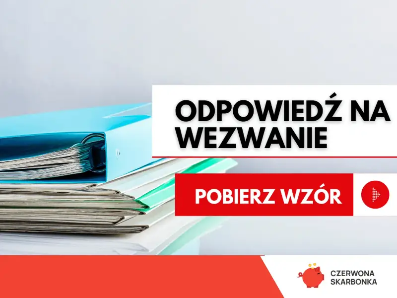 Stos dokumentów i segregatorów, tekst "ODPOWIEDŹ NA WEZWANIE", "POBIERZ WZÓR". Pomoc w sprawach horyzont windykacja.