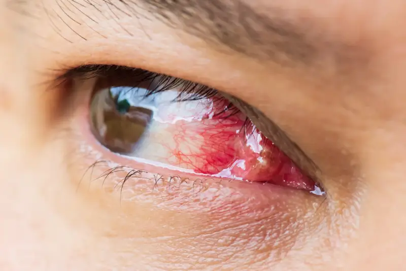 Occhio con pterigio arrossato e infiammato, in attesa di un intervento laser per rimuoverlo.