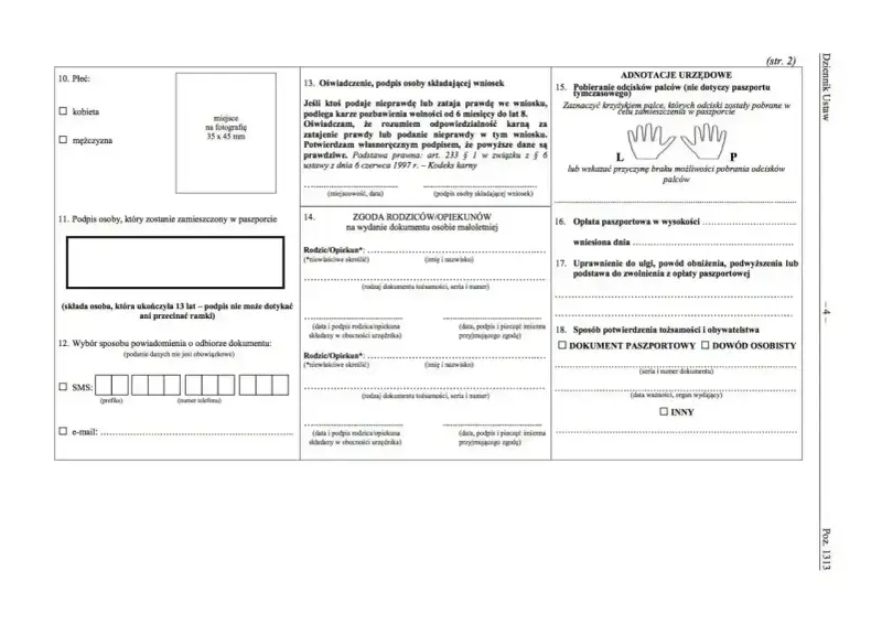Formularz wniosku o paszport, sekcja "Oświadczenie" zawiera informację, czy na Maltę potrzebny paszport.