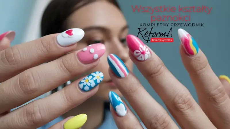 Kolorowe paznokcie konstrukcyjne z motywami kwiatów, serc i pasków. Różne kształty i wzory na dłoniach modelki.