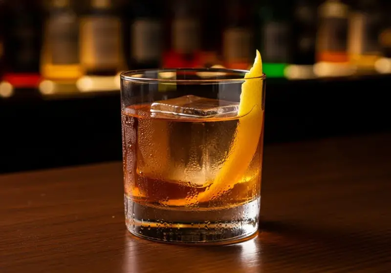 En drink med is och en citronskal, som en rostig spik i en bar.