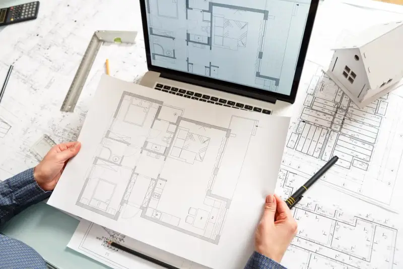 Rysunki techniczne i model domu na biurku. Plan mieszkania od dewelopera w rękach osoby projektującej.