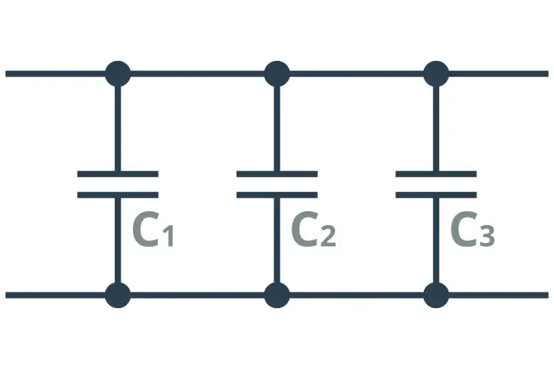 Schemat obwodu elektrycznego z trzema kondensatorami C1, C2, C3 połączonymi równolegle.